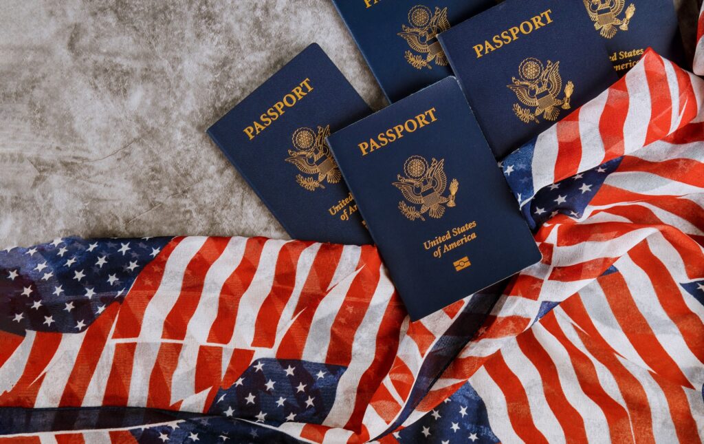 New Blue United States of America Passport on United States of America flag background